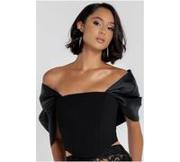 Goddiva Off Shoulder Back Satin Bow Scuba Corset In Black Black 16