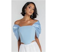 Goddiva Off Shoulder Back Satin Bow Scuba Corset In Light Blue Light Blue 10