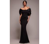 Goddiva Off Shoulder Back Satin Bow Scuba Maxi Dress In Black Black 14