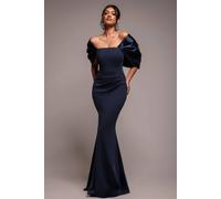 Goddiva Off Shoulder Back Satin Bow Scuba Maxi Dress In Navy Navy 14