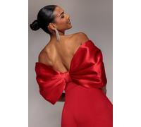 Goddiva Off Shoulder Back Satin Bow Scuba Mini Dress - Red by Goddiva - Red - 12