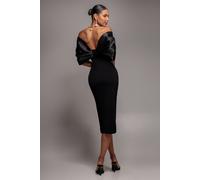 Goddiva Off Shoulder Back Satin Bow Wrap Crepe Midi Dress - Black by Goddiva - Black - 16