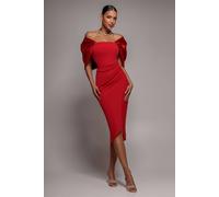 Goddiva Off Shoulder Back Satin Bow Wrap Crepe Midi Dress In Red Red