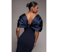 Goddiva Off Shoulder Back Satin Bow Wrap Crepe Midi Dress - Navy Blue by Goddiva - Navy - 10