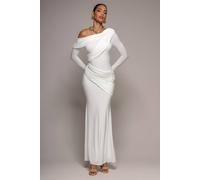 Goddiva Off Shoulder Gathered Panel Soft Touch Maxi Dress In White White