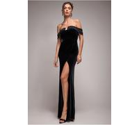Goddiva Off Shoulder Hotfix Diamante Wing Velvet Maxi Dress - Black by Goddiva - Black - 10
