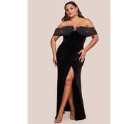 Goddiva Off Shoulder Hotfix Diamante Wing Velvet Maxi Dress In Black Black 20