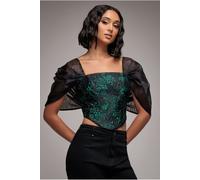 Goddiva Off Shoulder Jacquard Top With Organza Wings - Emerald Black by Goddiva - Emerald Black - 16