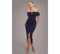 Goddiva Off The Shoulder Chiffon Wing Scuba Crepe Midi Dress In Navy Navy 6