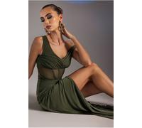 Goddiva Off The Shoulder Corset Waist Mesh Wrap Skirt Soft Touch Maxi Dress - Khaki Green by Goddiva - Khaki - 10
