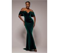 Goddiva Off The Shoulder Deep Plunge Velvet Maxi Dress - Emerald Green by Goddiva - Emerald - 12