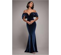 Goddiva Off The Shoulder Deep Plunge Velvet Maxi Dress - Navy Blue by Goddiva - Navy - 10