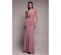Goddiva Off The Shoulder Frill Gathered Maxi Dress - Rose Pink by Goddiva - Rose Pink - 16