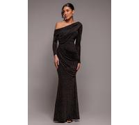 Goddiva Off The Shoulder Gathered Panel Sparkle Lurex Maxi Dress - Black Gold by Goddiva - Black Gold - 12
