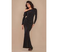 Goddiva Off The Shoulder Gathered Panel Sparkle Lurex Maxi Dress In Black Black 14
