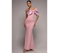 Goddiva Off The Shoulder Satin Bow Neck Maxi Dress - Blush Pink by Goddiva - Blush - 16