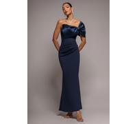 Goddiva Off The Shoulder Satin Bow Neck Maxi Dress - Navy Blue by Goddiva - Navy - 14