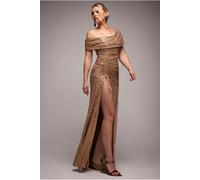 Goddiva Off The Shoulder Sequin Cowl Drawstring Maxi Dress - Gold by Goddiva - Gold - 12