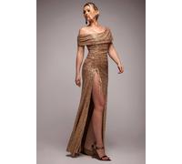 Goddiva Off The Shoulder Sequin Cowl Drawstring Maxi Dress In Gold Gold
