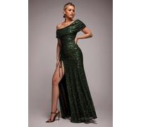 Goddiva Off The Shoulder Sequin Cowl Drawstring Maxi Dress In Olive Olive 10