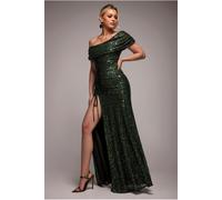 Goddiva Off The Shoulder Sequin Cowl Drawstring Maxi Dress - Olive Green by Goddiva - Olive Green - 14