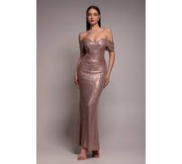 Goddiva Off The Shoulder Sequin Wing Maxi Dress In Medium Beige Medium Beige