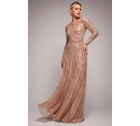 Goddiva Ombre Sequin Beaded Flared Long Sleeve Maxi Dress In Gold Gold 12