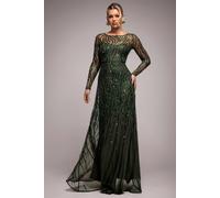 Goddiva Ombre Sequin Beaded Flared Long Sleeve Maxi Dress In Olive Olive
