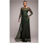Goddiva Ombre Sequin Beaded Flared Long Sleeve Maxi Dress - Olive Green by Goddiva - Olive Green - 8