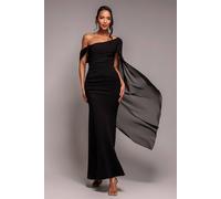 Goddiva One Shoulder Cape Scuba & Chiffon Maxi Dress In Black Black