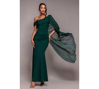Goddiva One Shoulder Cape Scuba & Chiffon Maxi Dress In Emerald Emerald