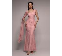 Goddiva One Shoulder Cape Sleeve Pleated Lace Maxi Dress - Blush Pink by Goddiva - Blush - 16