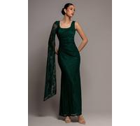 Goddiva One Shoulder Cape Sleeve Pleated Lace Maxi Dress In Emerald Emerald