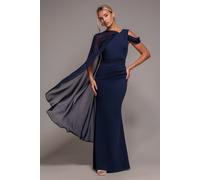 Goddiva One Shoulder Chiffon Cape Crepe Maxi Dress - Navy Blue by Goddiva - Navy - 16
