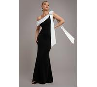 Goddiva One Shoulder Contrast Bow Maxi Dress - Black Cream by Goddiva - Black Cream - 12