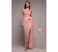 Goddiva One Shoulder Cowl With Bow Detail Maxi Dress - Blush Pink by Goddiva - Blush - 14