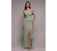 Goddiva One Shoulder Cowl With Bow Detail Maxi Dress In Pale Green Pale Green