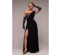 Goddiva One Shoulder Diamante Chiffon Evening Maxi Dress In Black Black 14
