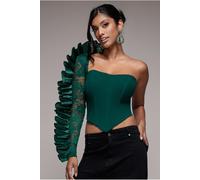 Goddiva One Shoulder Fan Pleat Frill Corset Top - Emerald Green by Goddiva - Emerald - 14