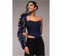 Goddiva One Shoulder Fan Pleat Frill Corset Top - Navy Blue by Goddiva - Navy - 8