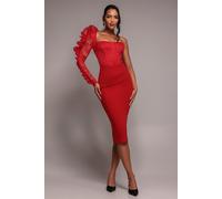 Goddiva One Shoulder Organza Fan Detail Lace Bodice Midi Dress - Red by Goddiva - Red - 8