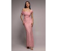 Goddiva One Shoulder Pleated Bardot Lace Maxi Dress In Light Pink Light Pink