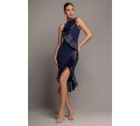 Goddiva One Shoulder Pleated Fan Midi Dress - Navy Blue by Goddiva - Navy - 16
