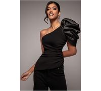 Goddiva One Shoulder Puffed Satin Sleeve Asymmetric Scuba Top - Black by Goddiva - Black - 16