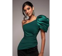 Goddiva One Shoulder Puffed Satin Sleeve Asymmetric Scuba Top In Emerald Emerald 18