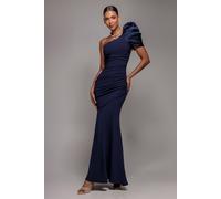 Goddiva One Shoulder Puffed Satin Sleeve Evening Maxi Dress - Navy Blue by Goddiva - Navy - 12