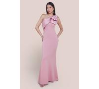 Goddiva One Shoulder Satin Ribbon Scuba Crepe Maxi Dress In Light Beige Light Beige 16