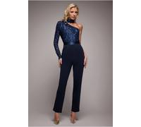 Goddiva One Shoulder Sequin Jumpsuit In Navy Navy
