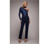 Goddiva One Shoulder Sequin Jumpsuit - Navy by Goddiva - Navy - 8