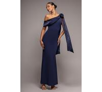 Goddiva One Shoulder Velvet Satin Bow Cape Maxi Dress - Navy Blue by Goddiva - Navy - 16